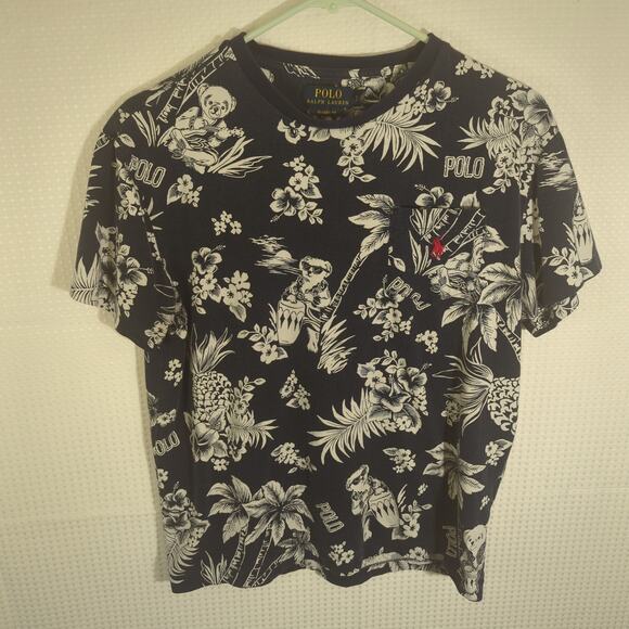 Polo Ralph Lauren Bear Shirt Small Classic Fit Black White Floral Hawaii Graphic - Picture 1 of 4